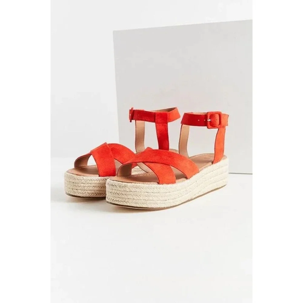 Red Espadrille Platform Sandals Ankle Strap Crisscross Faux Suede Size 7